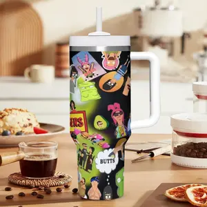 1pc 40oz Stainless Steel Vacuum Insulated Tumbler with Handle & Straw, Bob's Burgers Collage Themed Portable Water Bottle,, Large Capacity Travel Mug， Leakproof for Camping & Sports, Perfect Holiday Gift for Family