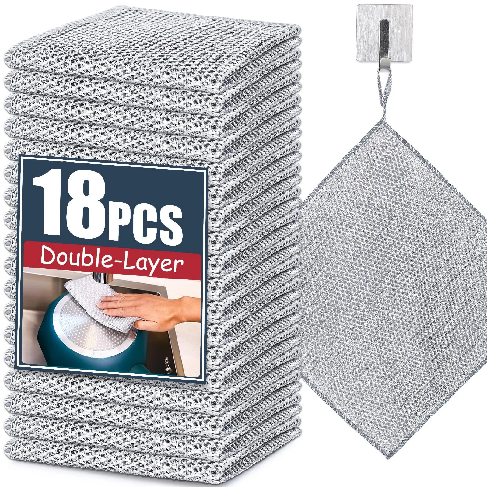 18 Pcs New Upgrade Steel Wire Dishcloth,Double-Layer Steel Wire Cleaning Cloth,Powerful Cleaning Non-Scratch Wire Dishcloth Rag for Cookware, Sinks, Dishes, Stove Tops