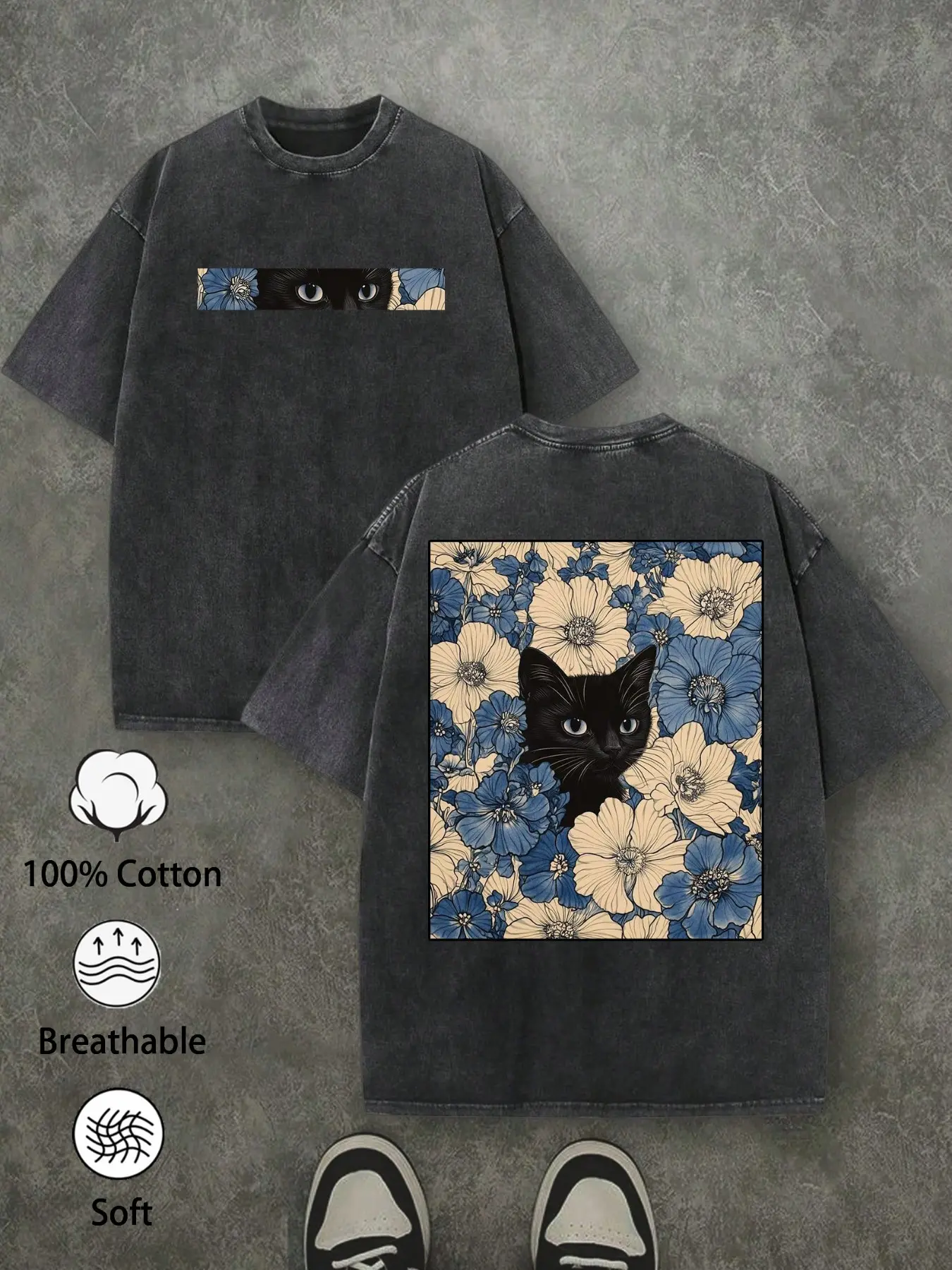 1PC Men's Vintage Acid Washed Casual T-Shirt, 100% Cotton Oversized Tee with Floral Cat Back Graphic, Soft Breathable Streetwear Top, Charcoal Grey, Menswear
