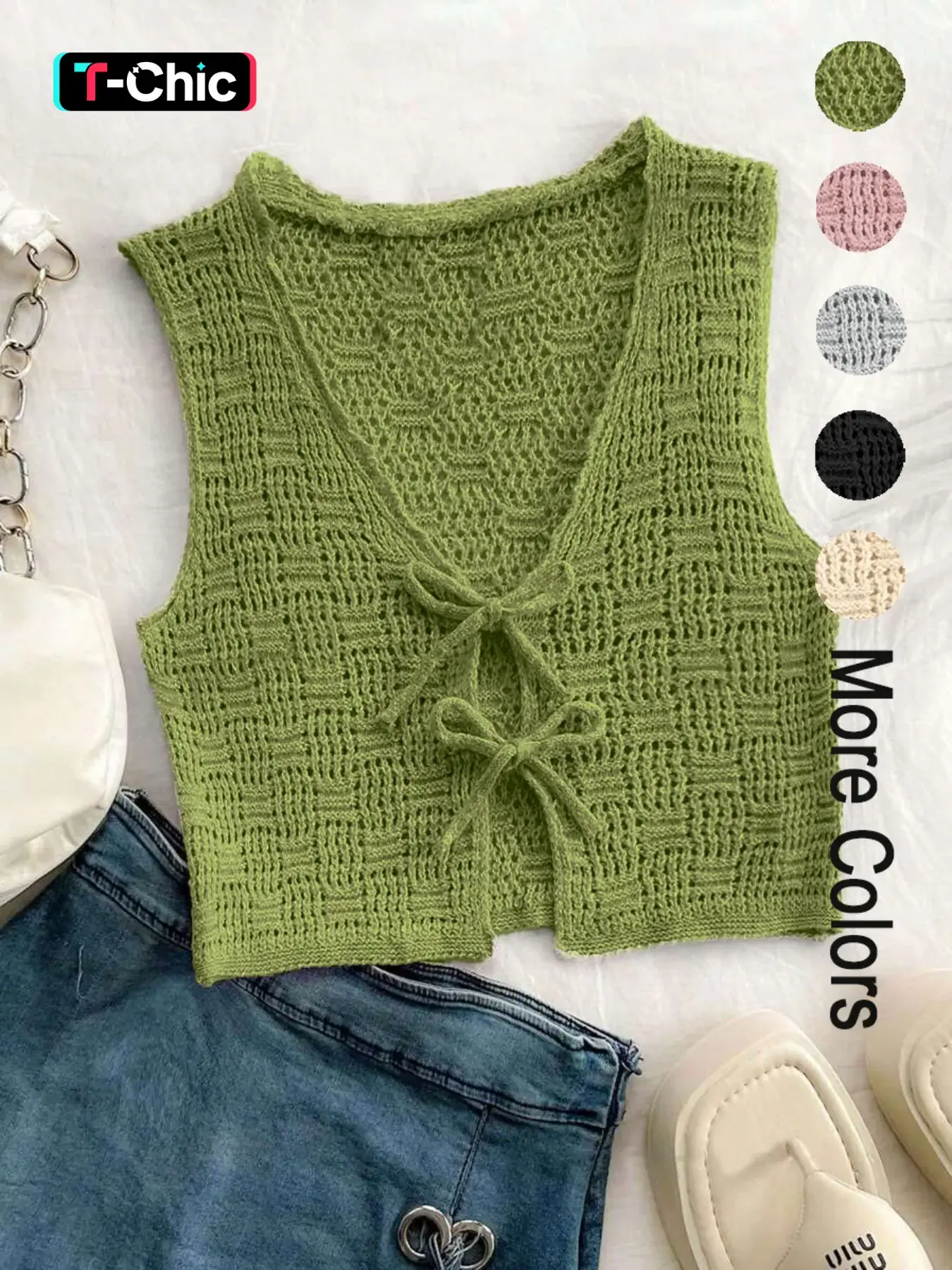 Women's Bow Tie Waist Sleeveless Knit Vest, Casual Fitted Basic Short Outer Vest, Plain Design, Full Placket, Stylish Fashion Top Womenswear, V Neck Vest