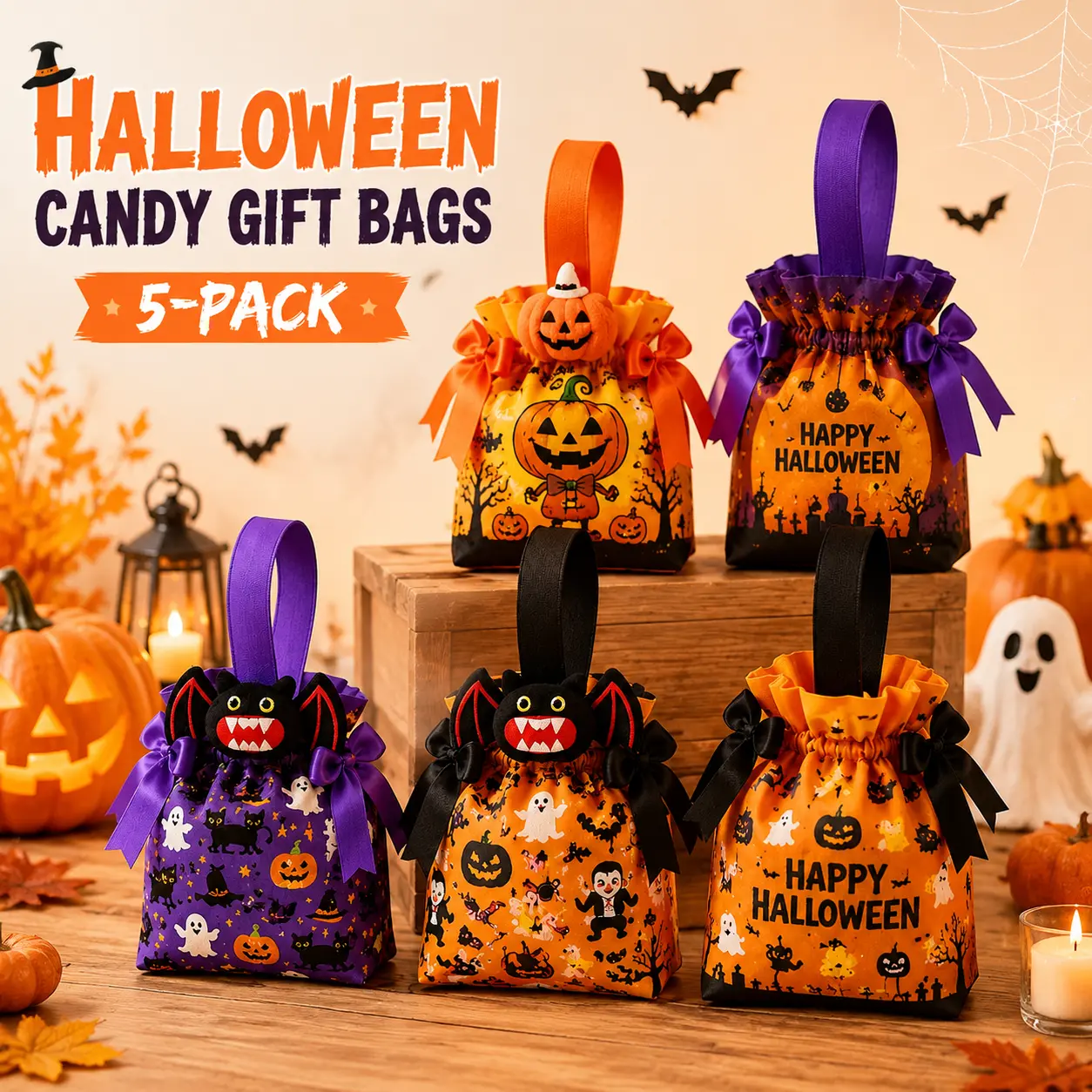 1/5 Pack Halloween Candy Bags, Cute Pumpkin Drawstring Gift Bags, Reusable Fabric Treat Bags for Trick or Treat Party, Halloween Favor Bags for Kids Candy Gifts