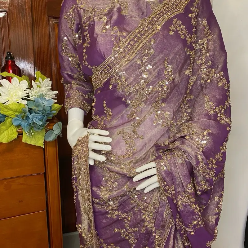 Women's Pure Silk Partywear Saree with Blouse Piece - Handwork Embellished with Shiny Sequins, Original Gold Beads, Formal Festival Wear Accessories, Clothes, Costumes, Embellished With Sequins, All Seasons