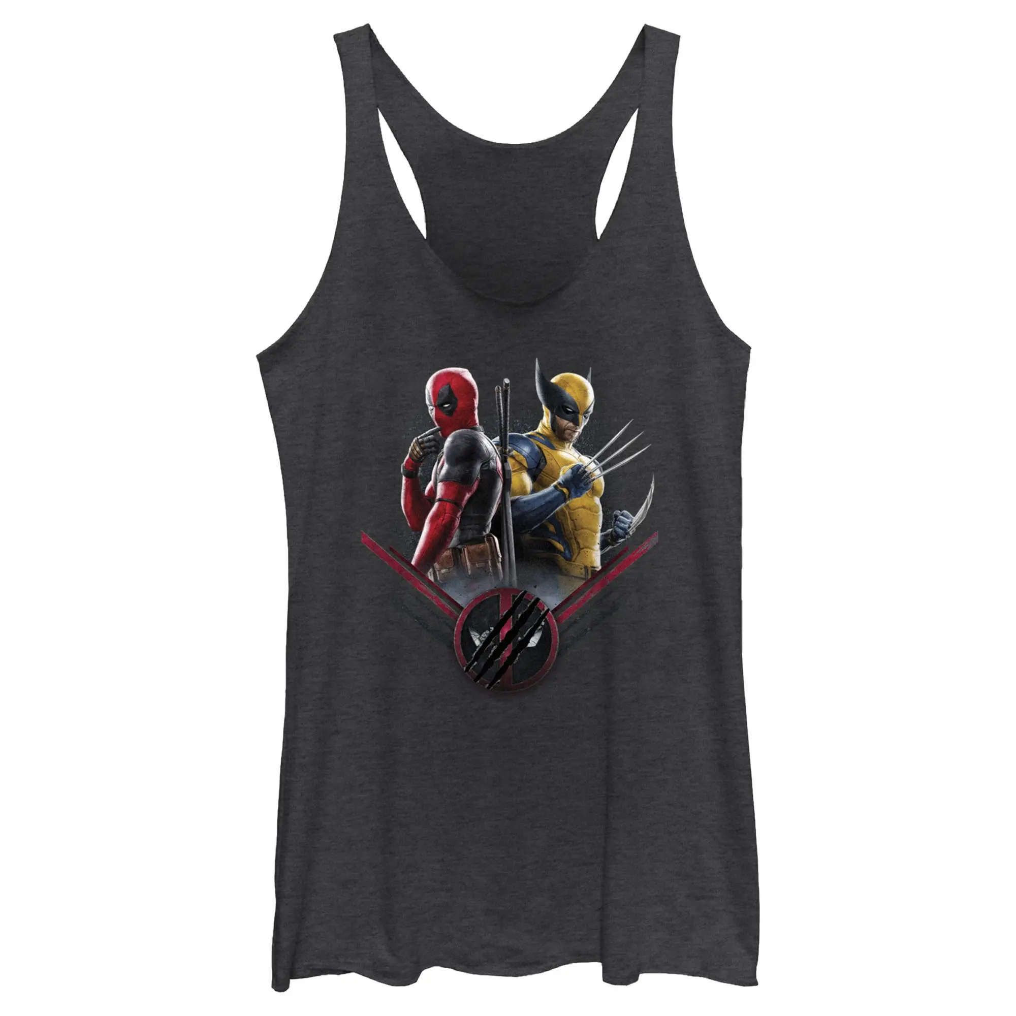 Women's Marvel Deadpool & Wolverine Team Pose Graphic Racerback Tank Top - Sleeveless Polyester Crew Neck Apparel, Stylish Casual All-Season Womenswear