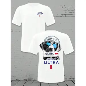 Michelob Ultra Cool Dog Men's Loose Fit Thick Classic 180g Soft Breathable Cotton Shortsleeve Crewneck T-Shirt, Casual Graphic Tee with Sunglasses & Cap Design, Everyday Comfort Top Vintage Retro Y2kB512, Tshirt, Menswear