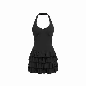 Cider Cotton-blend Scoop Neck Bowknot Tiered Mini Dress