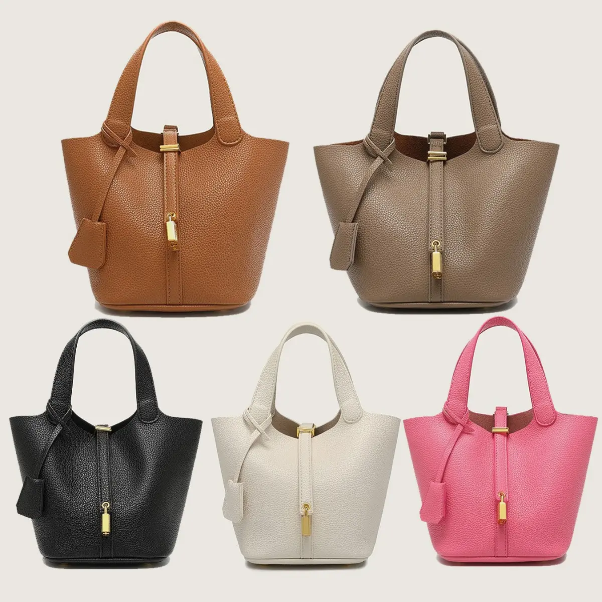 Chic Textured PU Leather Basket Bag for Women, Solid Color Handbag with Inner Pouch for Casual Daily Use