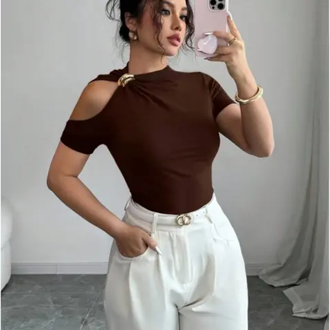 Women's short-sleeved metal decorative hollow solid color fashion Casual Top T-shirt Lady Womenswear