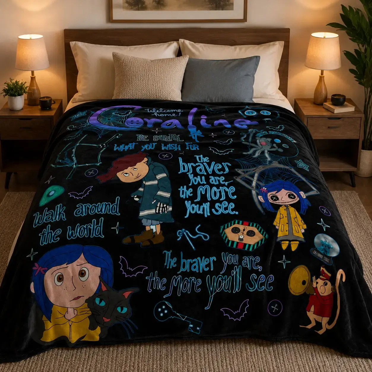 Black Coraline Themed Flannel Fleece Throw Blanket, Button Eyes Coraline Bat Spider Web Gothic Cartoon Print, Soft Warm Cozy Blanket for Sofa Bed Couch, Halloween Party Home Decor Nap Throw, Dark Fantasy Anime Fans Gift