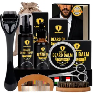 Men's Beard Grooming Kit - Complete Care Set with Oil, Balm, Conditioner, Derma Roller, Boar Bristle Brush, Wood Comb, Trimming Scissors | Fathersdaygift, Dad Gift, Gifts for Boyfriend, Men's Stuff for Routine