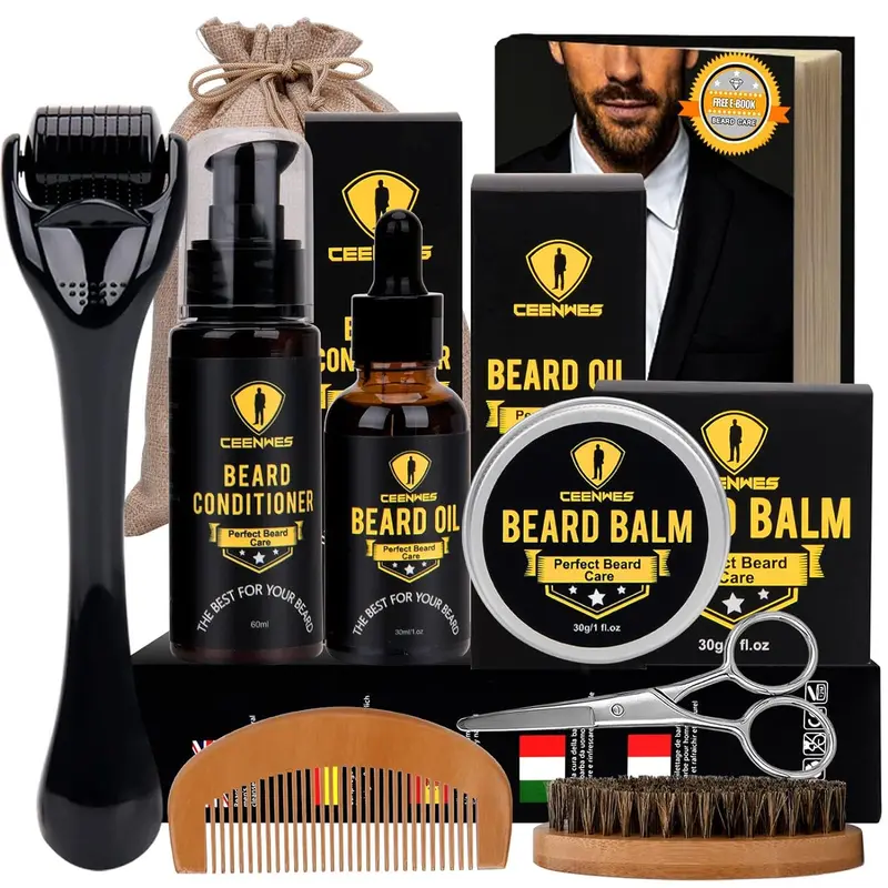 Men's Beard Grooming Gift Set - Nourishing Complete Kit for Everyday Use, All Skin Types with Oil, Balm, Conditioner, Derma Roller, Boar Bristle Brush, Wood Comb, Trimming Scissors | Beard Shaping, Growth | Fathersdaygift, Gifts for Boyfriend