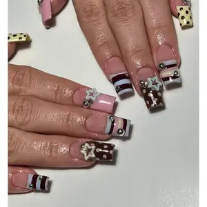 swish.nails Pink Brown Star Stripe Press-On Nails, Polka Dot Star Charms with Glossy Stripe Design, Cute Retro Mix Style, Playful Aesthetic, Handmade Custom Nails for Everyday Looks