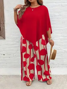 Women's Plus Size Two-Piece Set, Loose Batwing Sleeve Top & Wide Leg Pants, Casual Summer Vacation, Comfortable and Stylish
