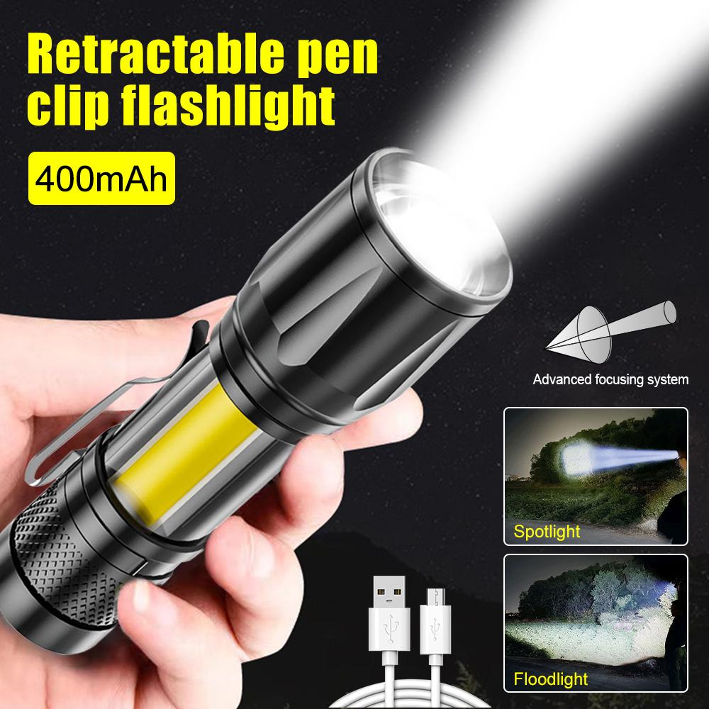 Mini LED Flashlight Pen Clip - Telescopic Zoom, USB Rechargeable, Spotlight & Floodlight, Portable Outdoor Torch for Camping, Hiking, Night Cycling & Home lights Rechargeable Emergency Worklight Handheld Zoomable Flashlight