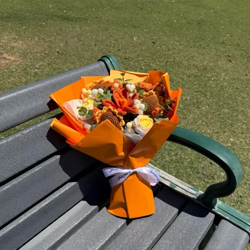 Luxury Crochet Orange Rose & Sunflower Bouquet
