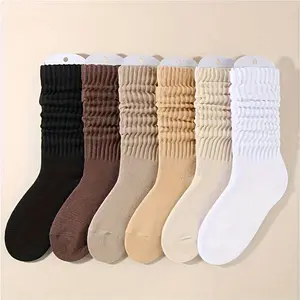 Women's Knitted Casual Crew Socks Solid Socks Set Fall Winter Socks 6 Pairs