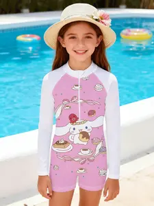 Girls' one-piece swimsuit "Cinnamoroll Sweet Tea Party Style" with white sleeves and pink base + cute dessert printed long-sleeved swimsuit, which is soft, cute and sweet, and fully enhances the atmosphere of summer pool/ beach outfits.