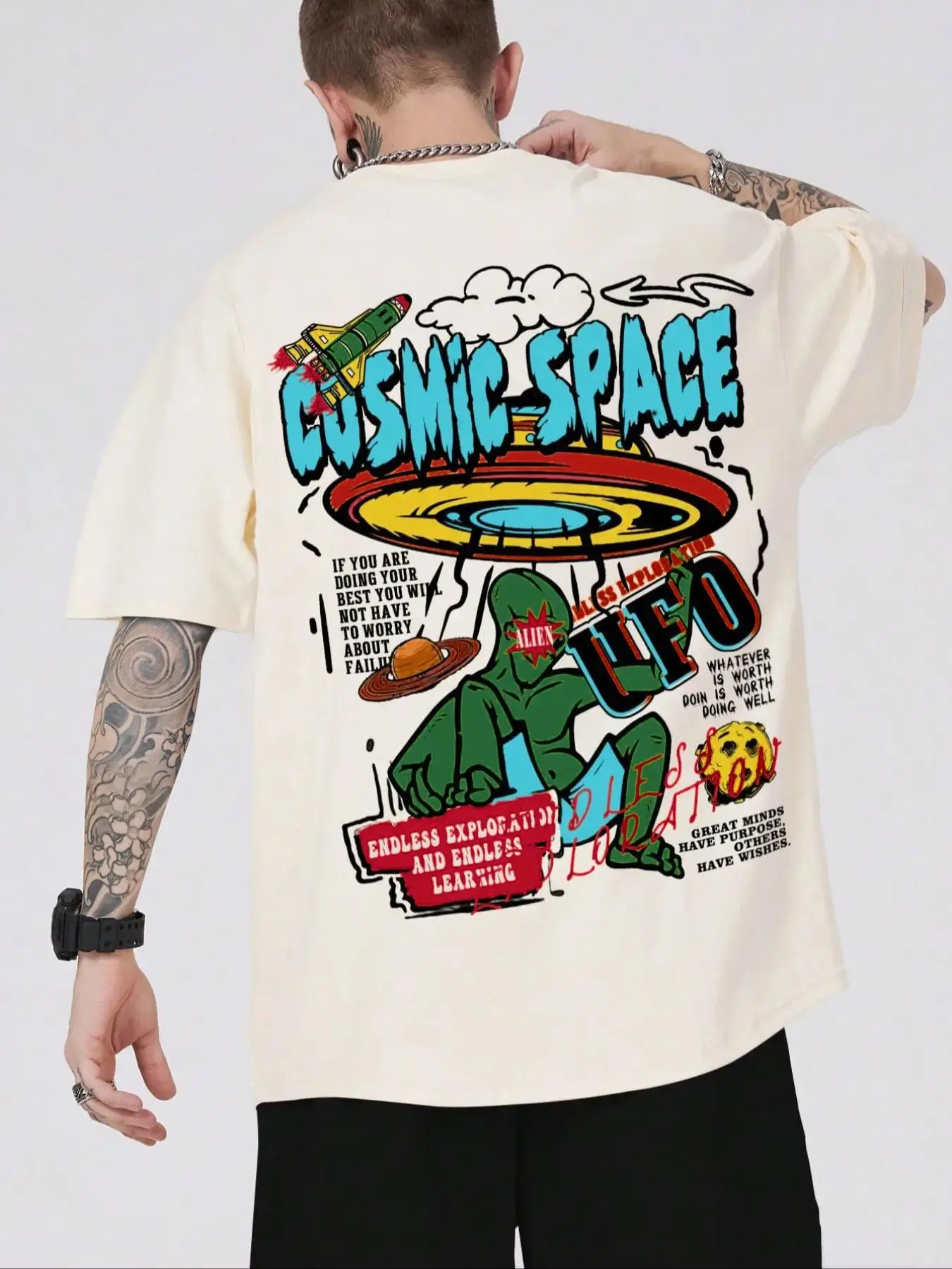 Men's Regular Fit Round Neck Drop Shoulder Graphic Tee, Summer Clothes Creative Print Crew Neck Short Sleeve T-shirt for Summer, Fashion Casual Men's