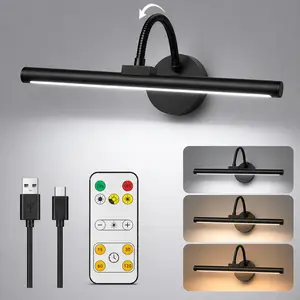 Picture Lights for Wall Wireless Rechargeable LED Light with Remote, Adjustable Arm, Gold Battery Operated Display Lighting for Paintings, Bedroom, Gallery Wall Decor (Black, 12.6 inch - 1/2Pack)