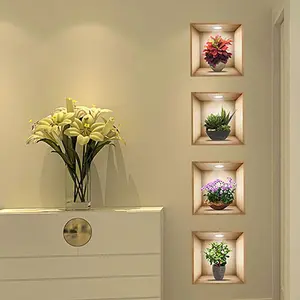 Plant Pattern Decorative Wall Sticker, 4 Counts Self-adhesive Wall Decal, Wall Art Decor for Home Living Room Bedroom, Flower Design, Interior