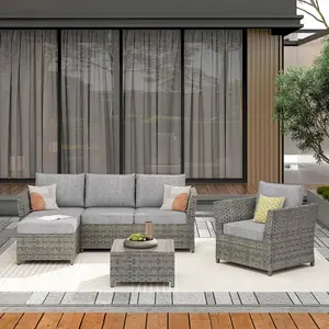6 PCS Rattan Outdoor Patio Furniture Sets, All Weather PE Wicker Rattan Outdoor Sectional Sofa Conversation Couch with Glass Table, Cushions and Red Pillows, for Lawn, Garden, Backyard