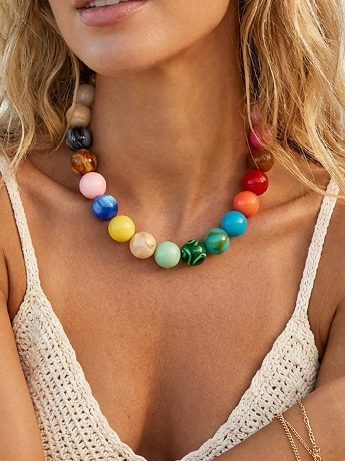 Boho Style Simple Versatile Women's Necklace, Colorful Mixed Resin Beads Handmade Gift Necklace, Elegant Jewelry for All Occasions, Alloy Necklace, Beaded Necklace