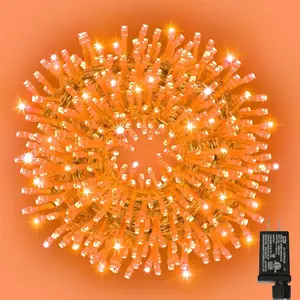 LAMPHOME 33ft Halloween Decorative Mini Lights, 100 LED Transparent Wire Fairy Starry String Lights Plug in, 11Lighting Modes, for Halloween Decoration Outdoor Xmas Tree Party Decoration (Orange)