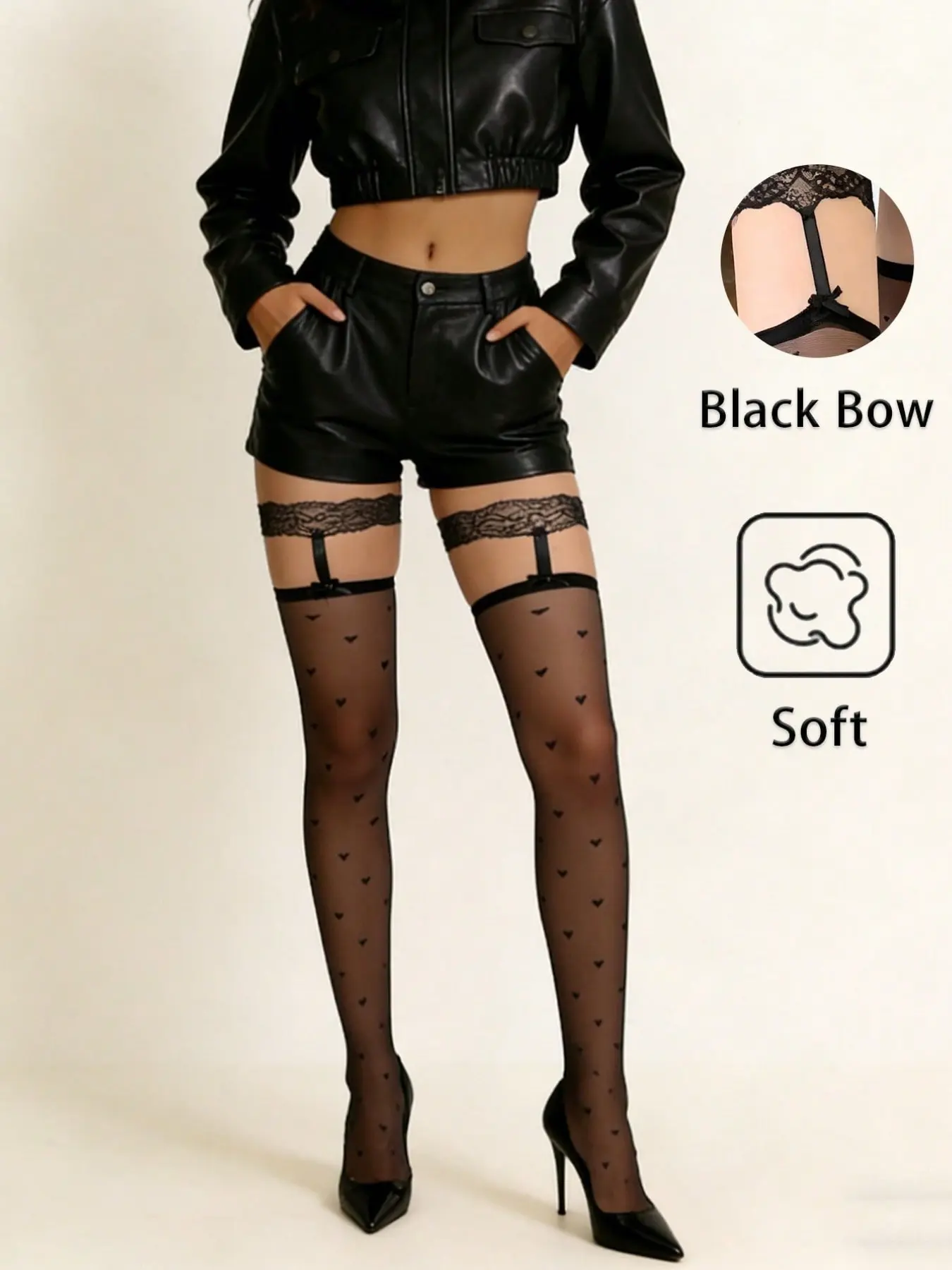 Women's Heart Print Lace Garter Thigh High Socks, Slim-Fitting Casual Style, Perfect for Streetwear, Party & Night Out, Womenswear, Lady