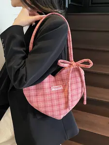 Women's Heart-Shaped Plaid Shoulder Bag, Polyester Fabric Crossbody Handbag, Magnetic Closure, Ideal for Office, Travel, Outdoor Activities