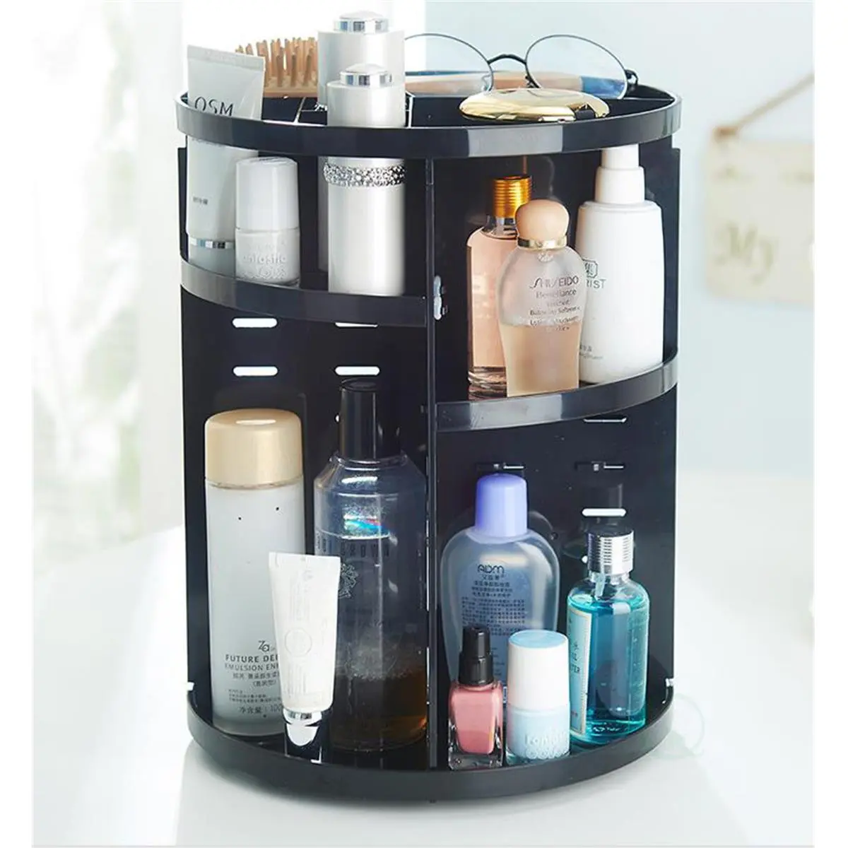 Basicwise 9 x 12 in. Rotating Cosmetic Storage Tower Makeup Organizer, Black