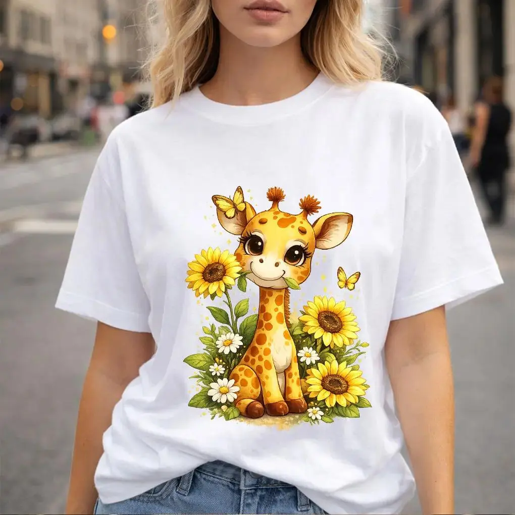 Women's Giraffe & Sunflower Printed Tee, Casual Loose Fit 100% Cotton Short Sleeve Graphic Top for Summer Streetwear, Graphic Printed Tees