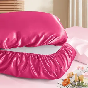 Satin Pillowcases for Hair Protection - 2 count Hot Pink Pillow Cases, Elastic Band Standard &  Satin Pillowcases Luxury Silky Pillow Cases Travel Pillow Covers