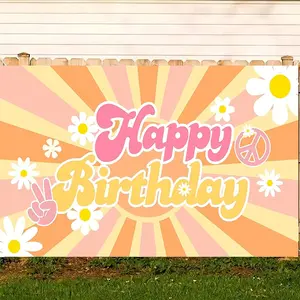 1Pc Boho Daisy Happy Birthday Banner | Groovy Birthday Backdrop, Vintage Hippie Party Decorations, Aesthetic Photo Background for Party & Photography