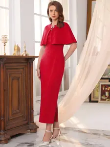 INSPIRE CHIC Women's 2 Piece Formal Suit Sets Elegant Cocktail Wedding Guest Sheath Dress with Cape Red