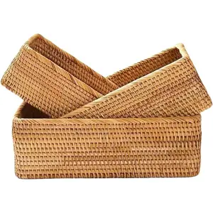 Rattan Storage Baskets, Wicker Baskets for Organizing, Hand Woven Fruit Basket, Decorative Baskets for Kitchen Counter, Living Room, Bathroom, Set of 3