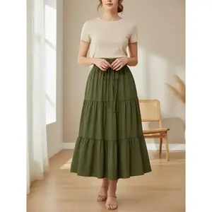 Pure Color Tiered Hem Casual Midi Skirt for Women, Loose-Fitting Drawstring Design, Spring Summer Fashion, Natural Waist Style