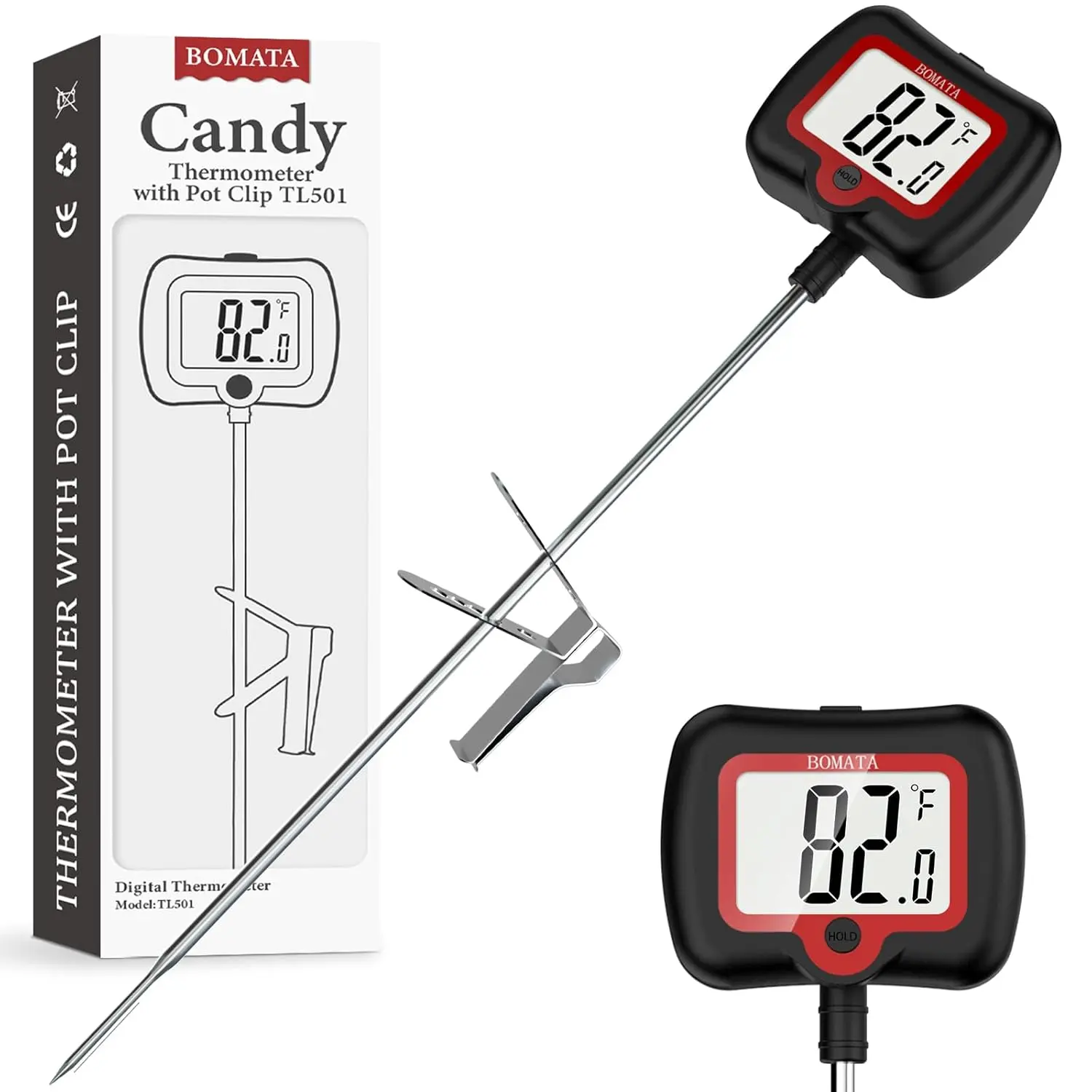 Stainless Steel Digital Candy Thermometer with Pot Clip, 8" Long Probe, Rotating Display, High Accuracy Instant Read Kitchen Utensil for Cooking, Baking, Candle Making, Black