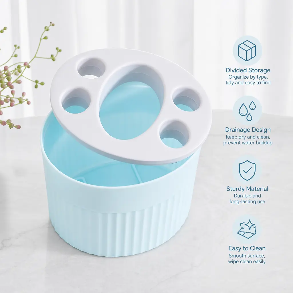 Ribbed Multi-Hole Drainable Plastic Toothbrush & Makeup Brush Organiser, 1-Count Storage Holder for Bathroom Vanity or Desktop