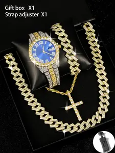 Watch & Jewelry Set, Fashion Watch & Cuban Necklace, Bracelet for Party, Daily Clothing Decor, Trendy All-match & Exquisite Jewelry for Birthday Gift, Fashionable Jewelry Set