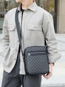 Men's Vintage Monogram Messenger Bag, Premium PU Leather Crossbody Purse, Zipper Pocket, Casual Business Shoulder Bag for Work and Travel, Zippered Sling Bag, Fashionable Crossbody Bag, Stylish Crossbody Bag
