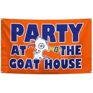 Funny Party At The Goat House Banner Tapestry Indoor and Outdoor Tapestry for Home Decoration College Dorm Party Event Wall Decoration