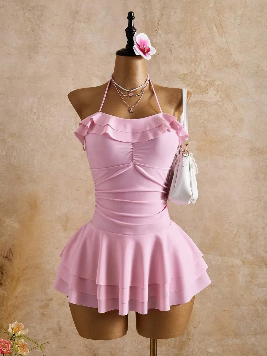 DAMIKA Pink Ruffled Swimsuit Dress,Halter Neck Layered Swim Skirt,Summer Tropical Beach Party Holiday,Vintage Boho Bathing Suit For Cruise,Date