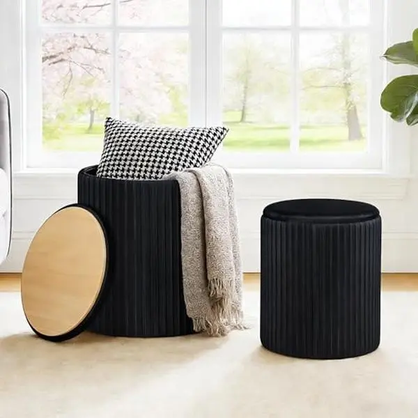 2-Piece Round Upholstered Storage Ottoman Set - Modern Furniture Footstool Stool with Hidden Storage, Plush Velvet, Anti-Slip Feet, Durable Comfort for Living Room Small Apartment