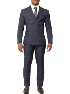 Slim Fit Plaid Eggplant Double Breasted Men's Suits 2 Button Wide Peak Lapel AZARMAN