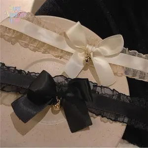 2-Pack Coquette Style Lace Choker Set, Delicate Ruffled Ribbon Necklaces with Bow & Bell Pendant, Sweet Lolita-Inspired Neck Accessories