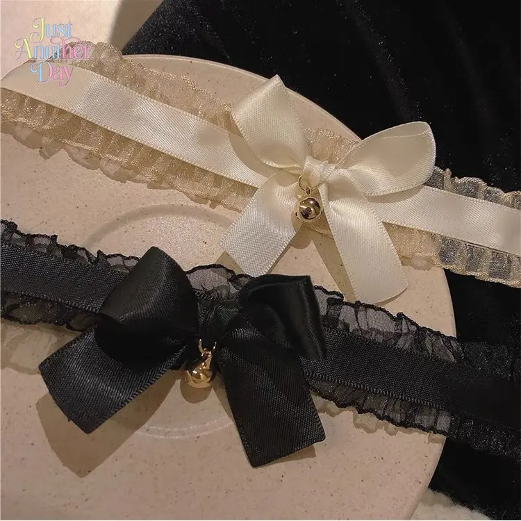2-Pack Coquette Style Lace Choker Set, Delicate Ruffled Ribbon Necklaces with Bow & Bell Pendant, Sweet Lolita-Inspired Neck Accessories