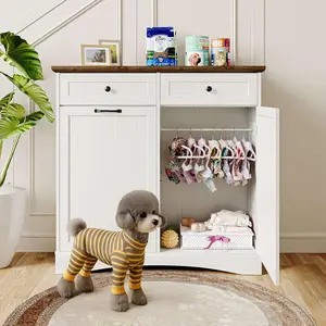 39.7”W Dual Doors Dog Food Storage Cabinet with Tilt-Out Feeding Station & 4 Stainless Bowls White Grain Pet Feeder Cabinet for Modern Kitchens