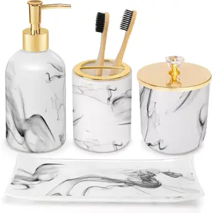 Bathroom Accessories Set, 4 Pcs Marble Look Sets Soap Dispenser & Toothbrush Holder Counter Top Restroom Apartment Decor Stuff, Glass Kits, Gift for Women and Men, Ink White