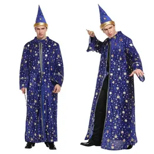 Men Magic Magician Costume with Blue Robe Cloak Hat Star Moon Magician Wizard Cosplay Costume Adult Role Playing Clothing