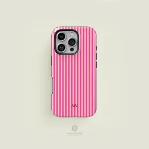 Magsafe Personalized Hot Pink Phone Case, Magsafe Compatible Custom Monogram Phone Case, Aesthetic Light Pink & Hot Pink Striped Phone Case, Preppy Phonecase