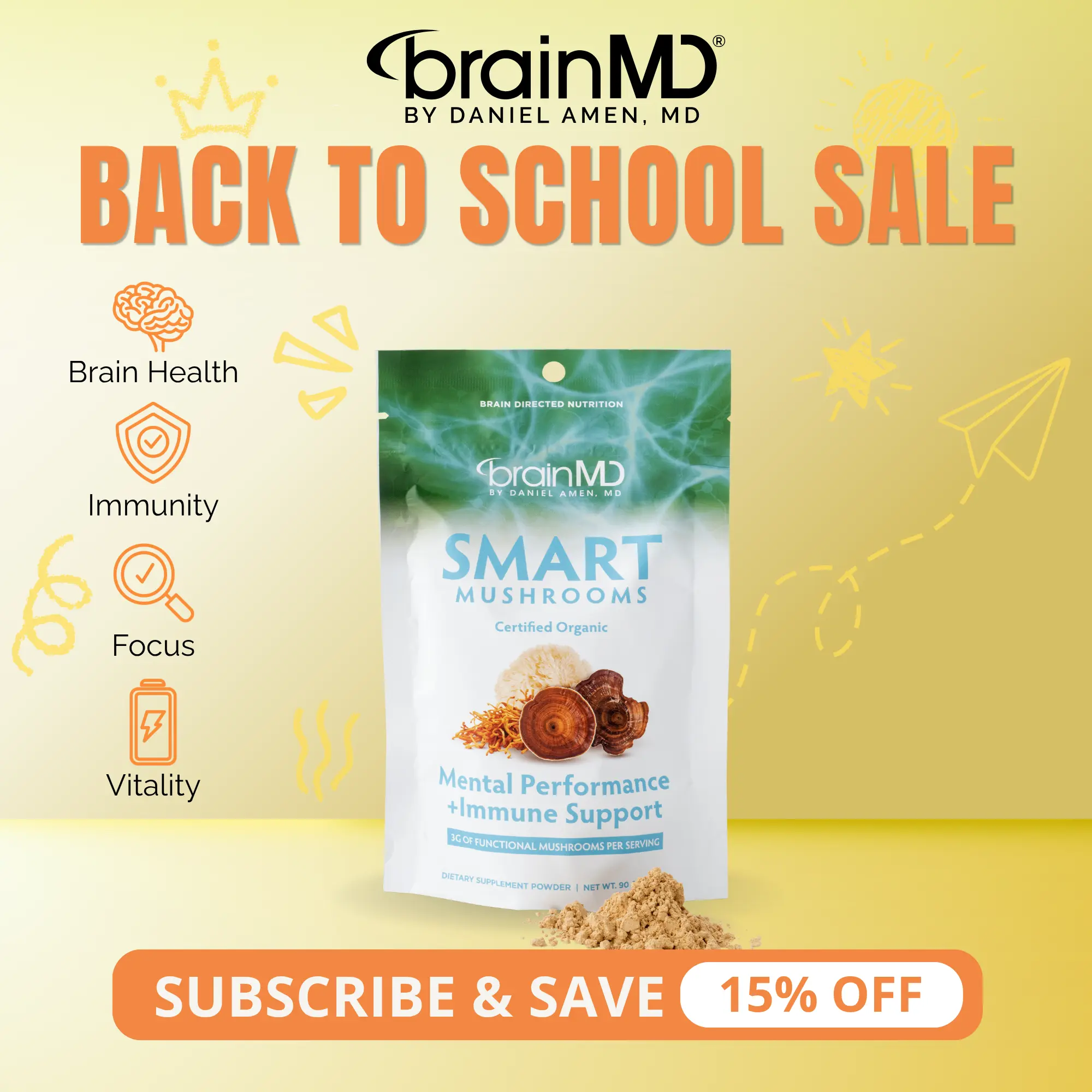 Smart Mushrooms | BrainMD | 30 Servings | Brain Health & Immune Support | Focus, Energy & Stress Resilience | Organic 6-Mushroom Blend with Lion's Mane